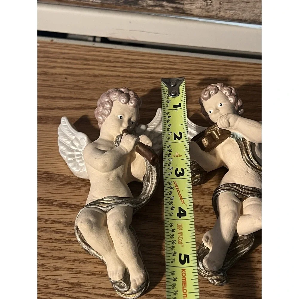 VTG Pair Italian Angel Cherubs Wall Hanging Victorian musicians 5.5